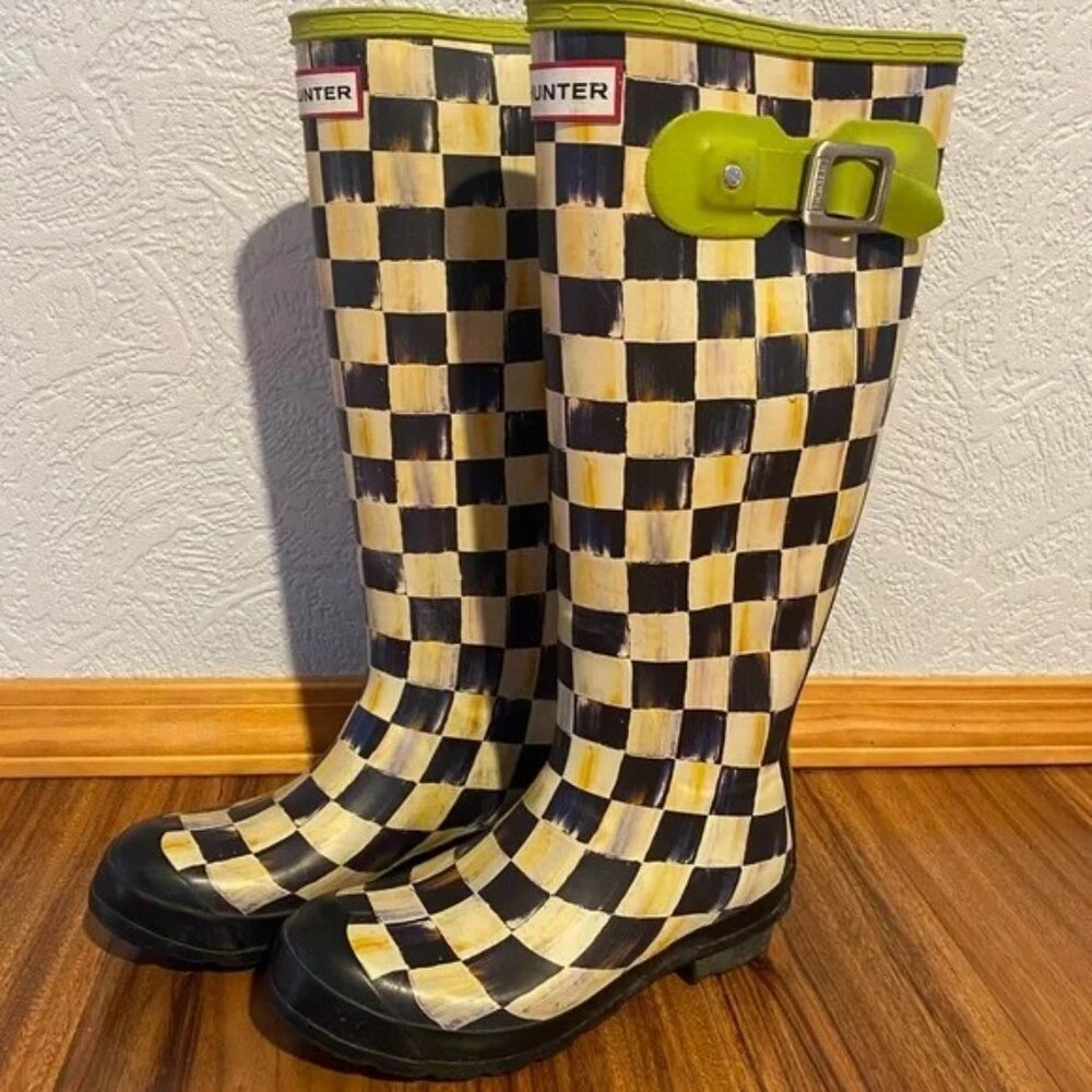 Mackenzie Childs Hunter Courtly Check Boots Size 6 7 Designer Black Rain Rubber